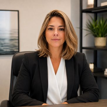 Professional woman in business attire sitting at desk.