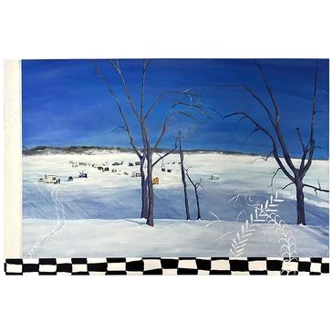 Peinture sur toile d'un village de pêche sur glace