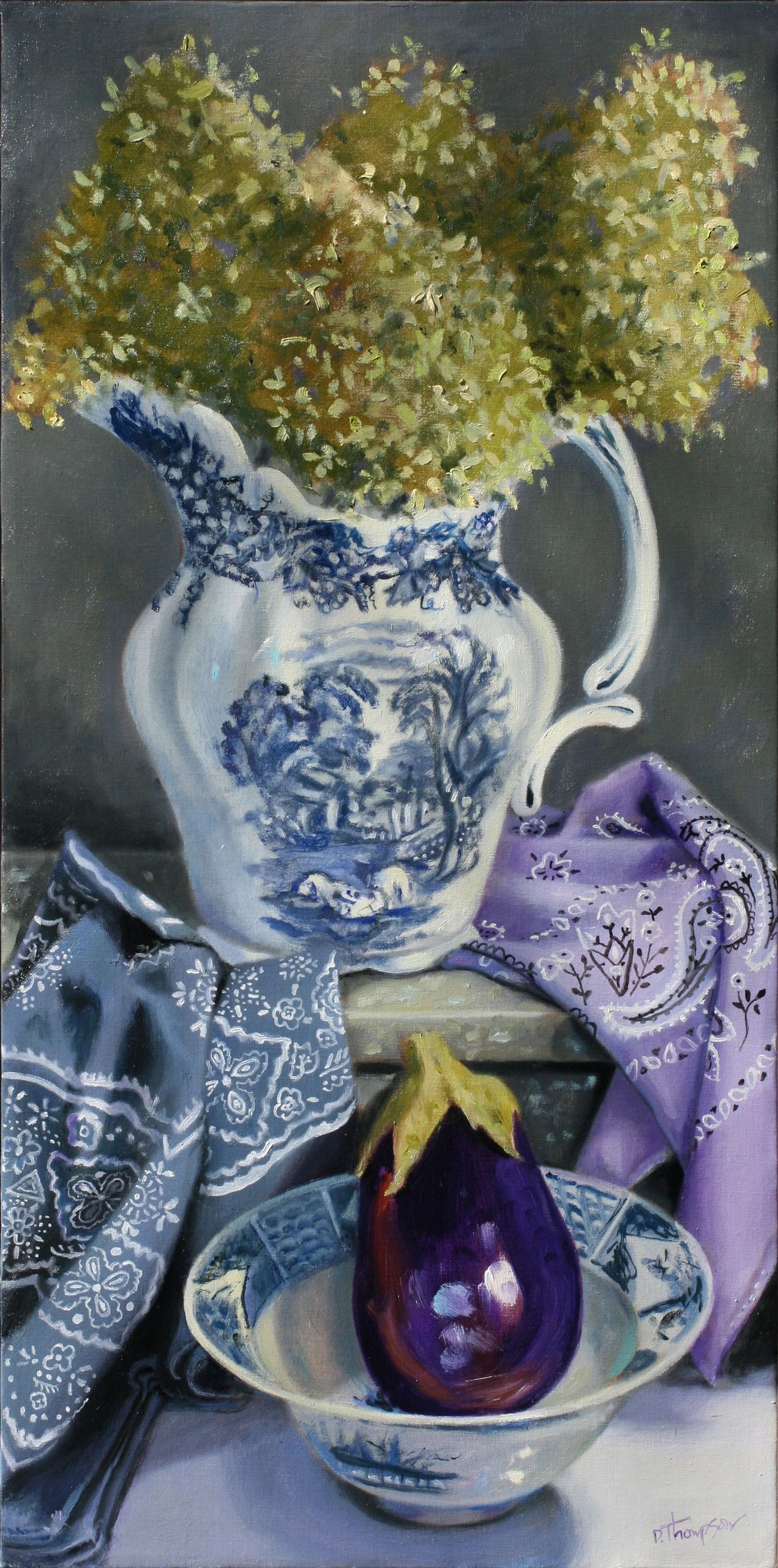 Eggplant, hydrangeas and blue & white pitcher on blue and purple bandanas