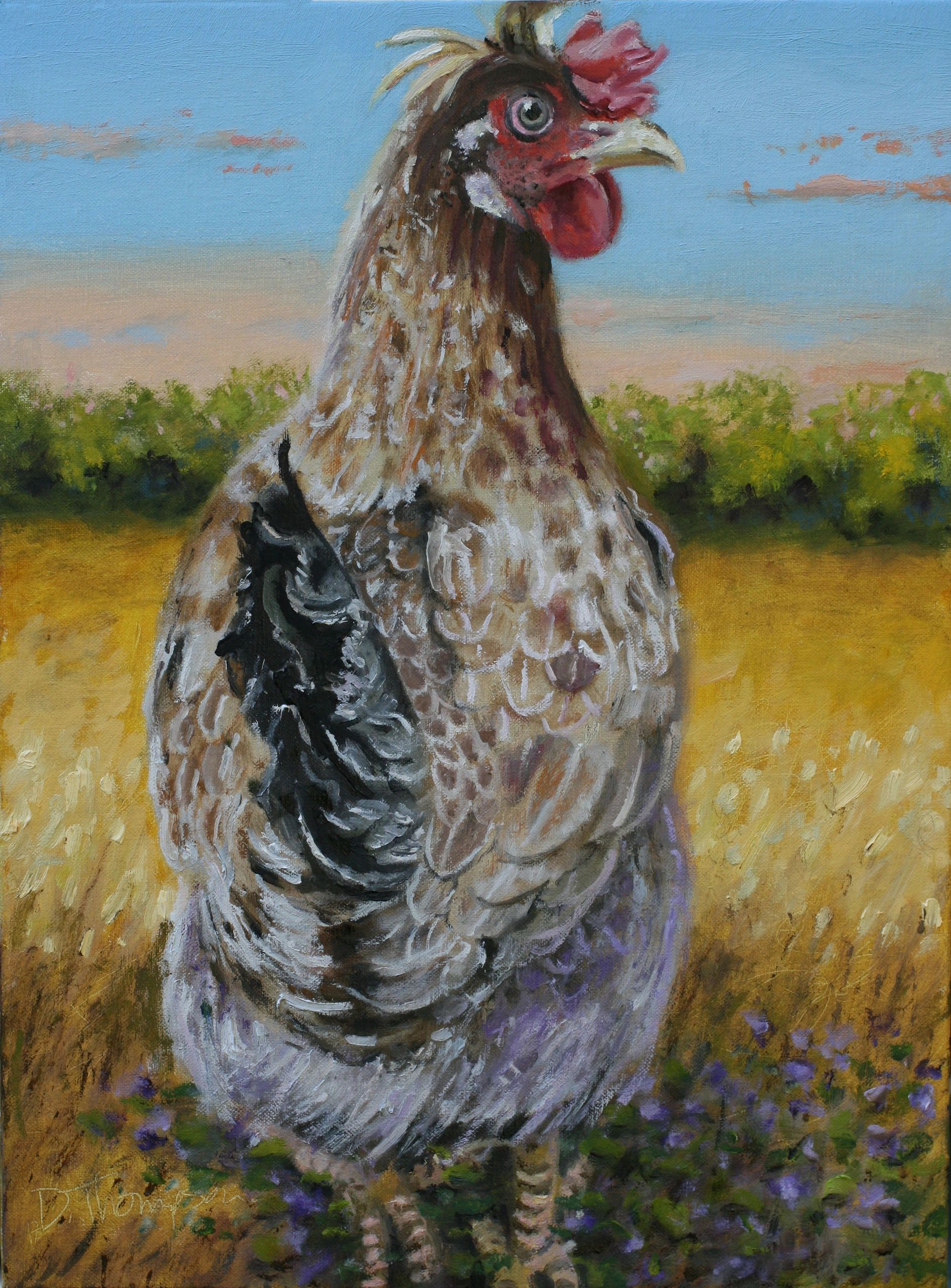 Oil painting of a chicken in a field with a blue sky.
