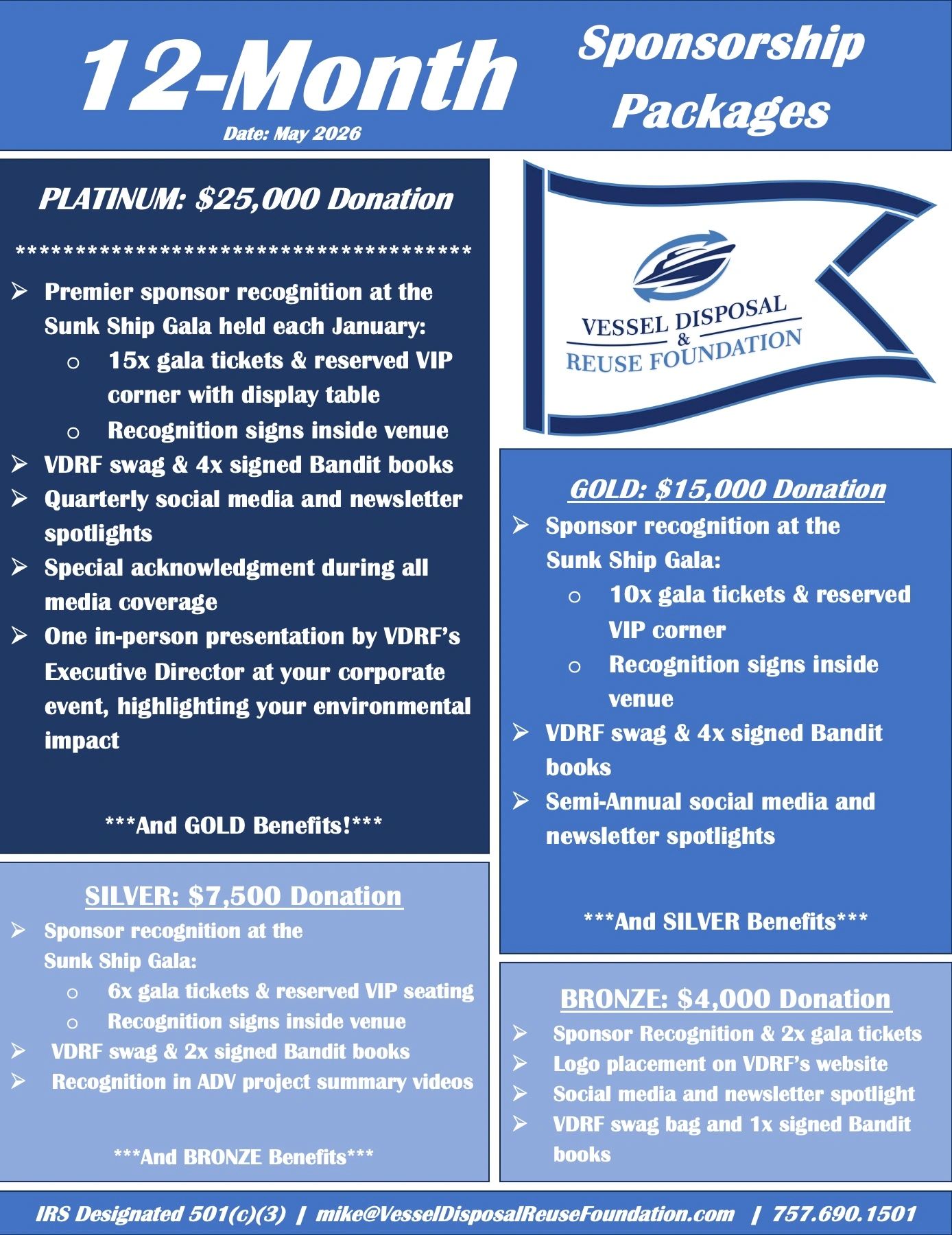 12-month sponsorship packages with Platinum, Gold, Silver, and Bronze donation levels and benefits.