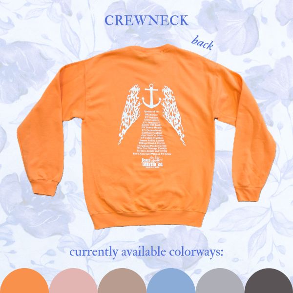 Orange crewneck sweatshirt with anchor and wing design on the back.
