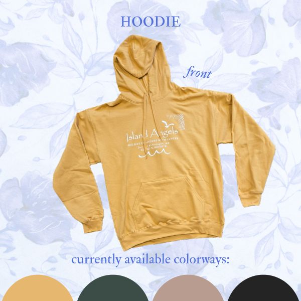 Mustard yellow Island Angels hoodie front view.