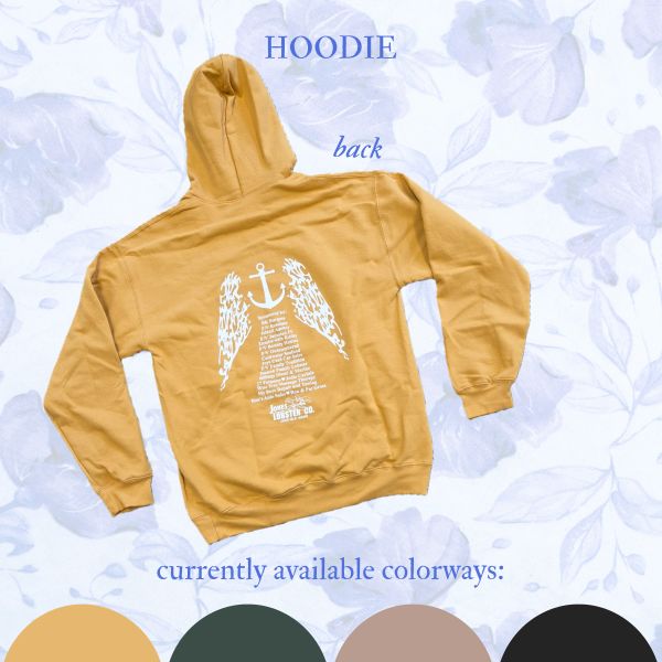 Back view of mustard hoodie with white anchor and wing design.