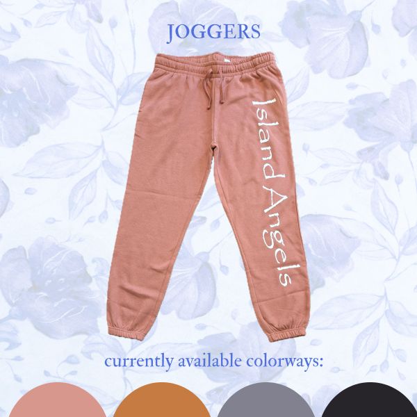 Brown joggers with Island Angels logo.