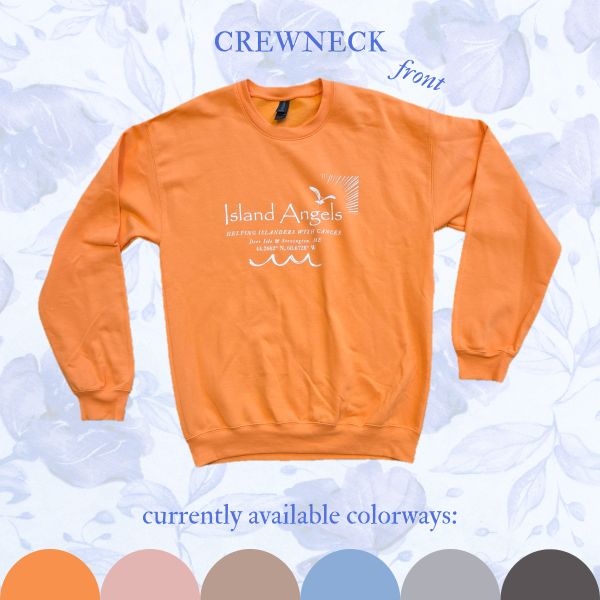 Orange crewneck sweatshirt with Island Angels logo.