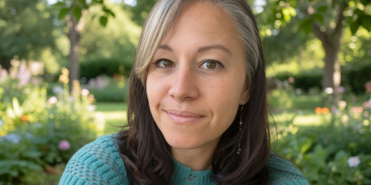 Smiling woman with half gray hair in a green sweater outdoors.