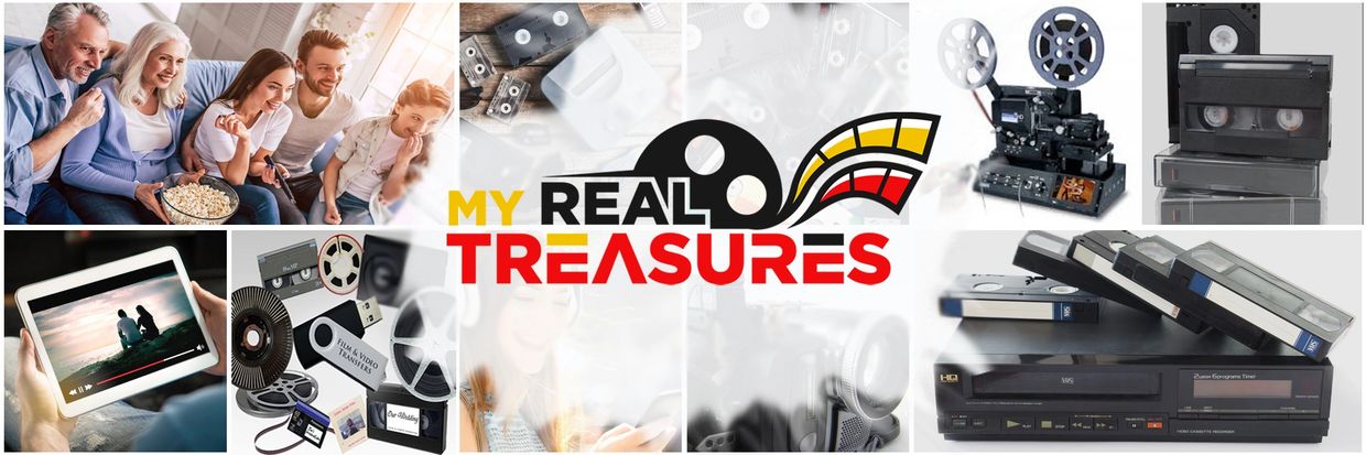 Collage showing vintage film reels, VHS tapes, a family watching TV, and digital video on a tablet.