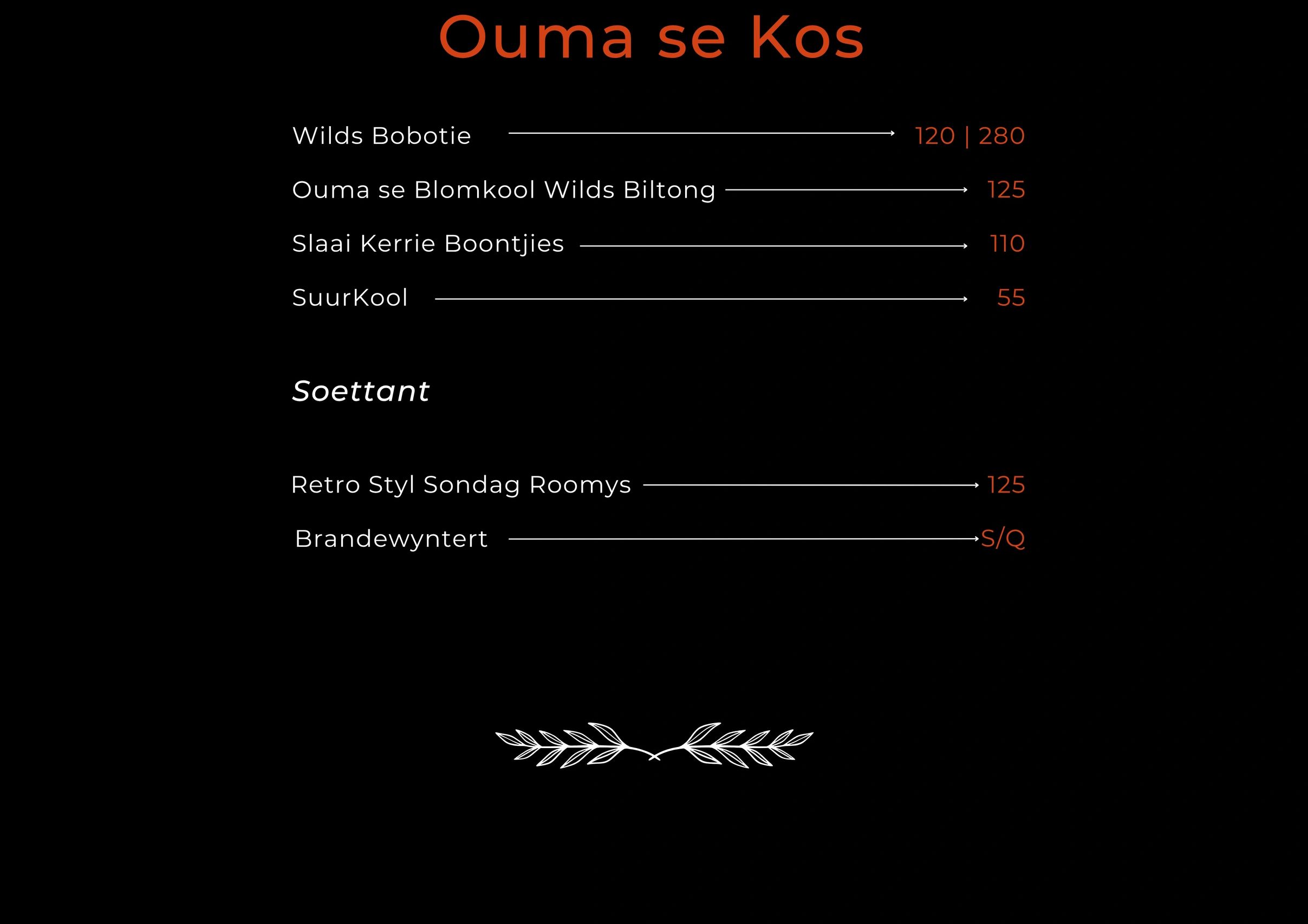 South African menu items with prices.