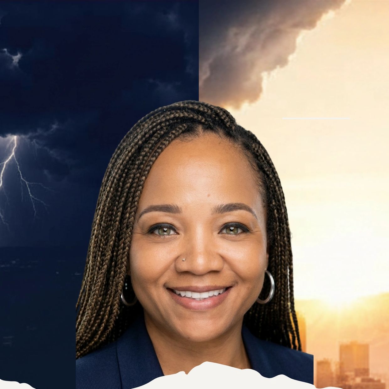 Portrait of a smiling woman with braided hair against a stormy and sunny sky background.