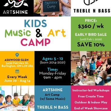 Kids enjoying a music and art summer camp in Burlington, Ontario, exploring instruments, creating ar