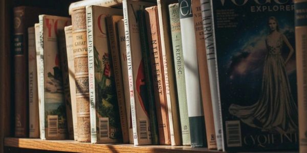 A row of various books and magazines on a wooden shelf.