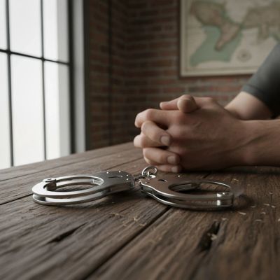 Hands clasped on a table with handcuffs nearby in a dim room.