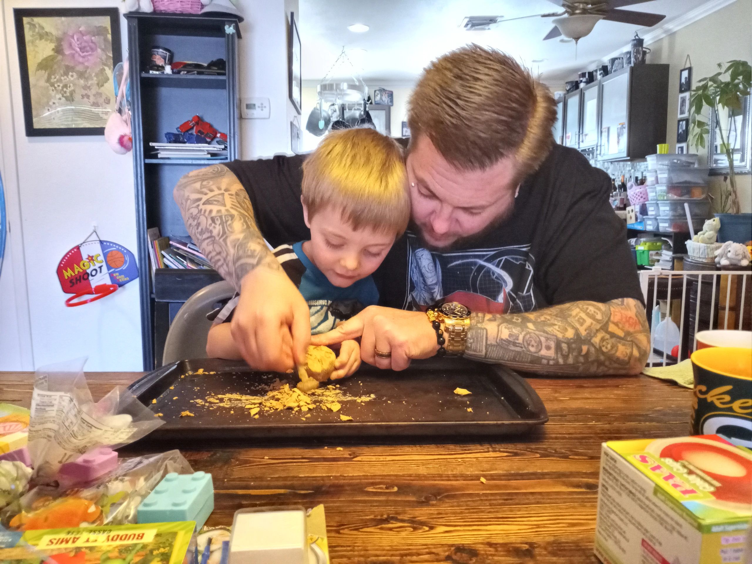 Opening a dinosaur egg with dad.