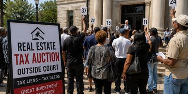 People outside of courthouse bidding on tax property