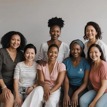 A diverse group of seven smiling women posing together indoors.