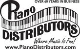 Logo for Piano Distributors with musical staff design and slogan.
