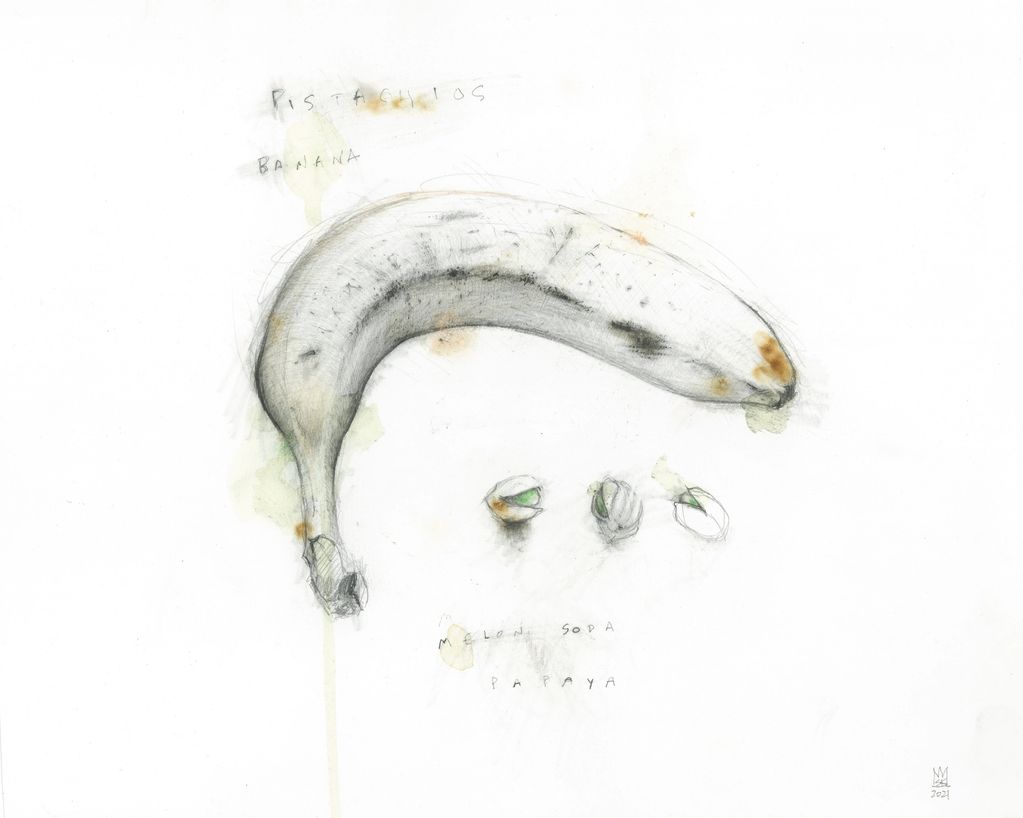11" x 14" mixed media drawing of a banana with three pistachios.