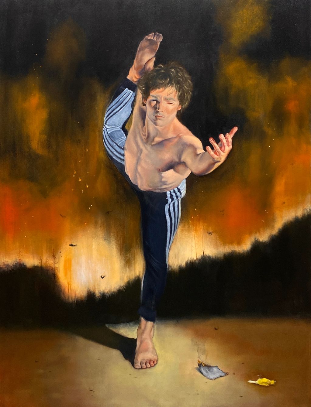 Painting of a male figure in sweatpants balanced in a yoga pose in front of a wildfire. 