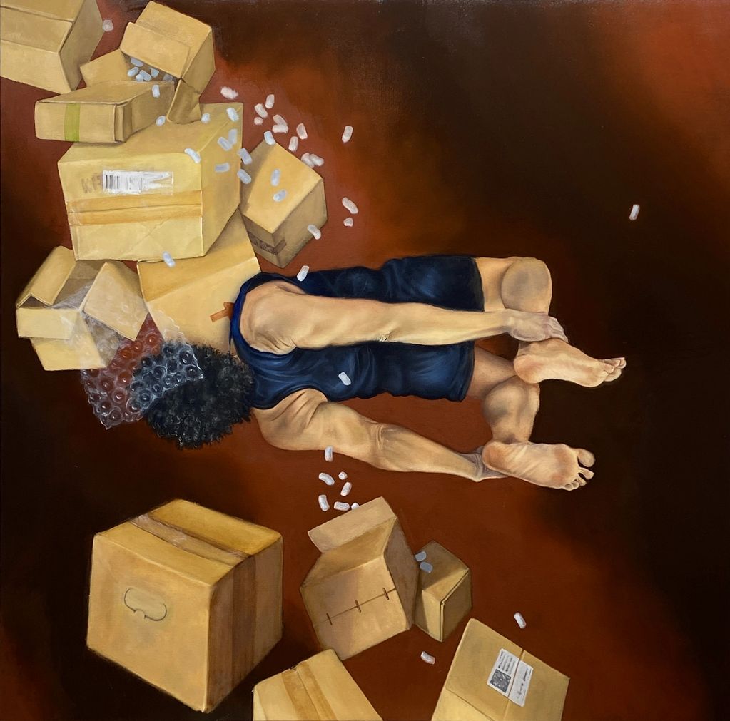 Oil painting of a man doing the yoga Bow Pose among falling boxes.