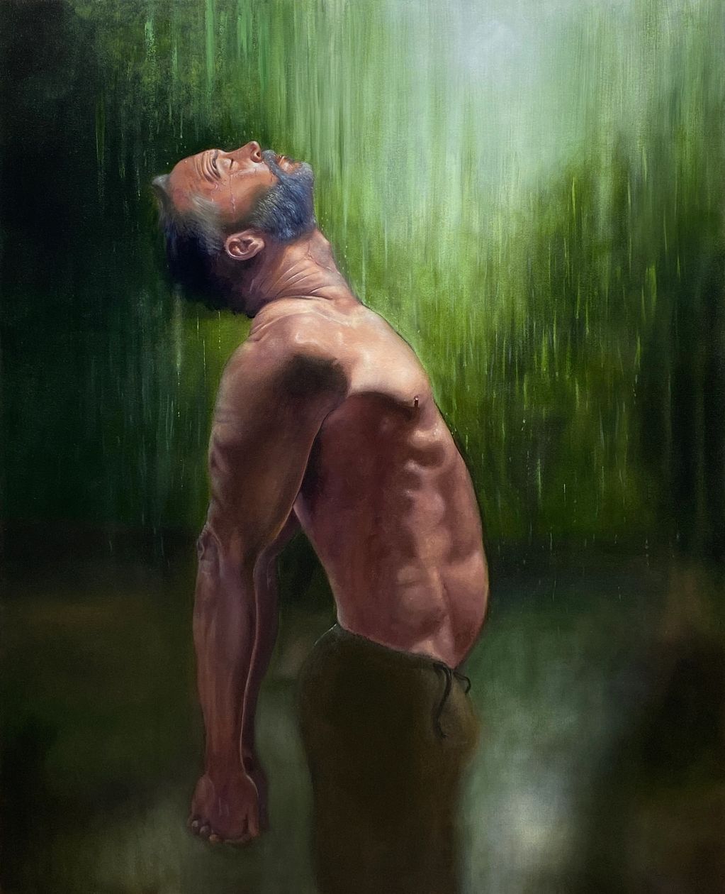 Oil painting of a man in a chest opening yoga pose standing in the rain.