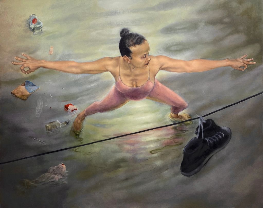 Oil painting of a woman standing in flood waters, surrounded by floating objects, with sneakers.