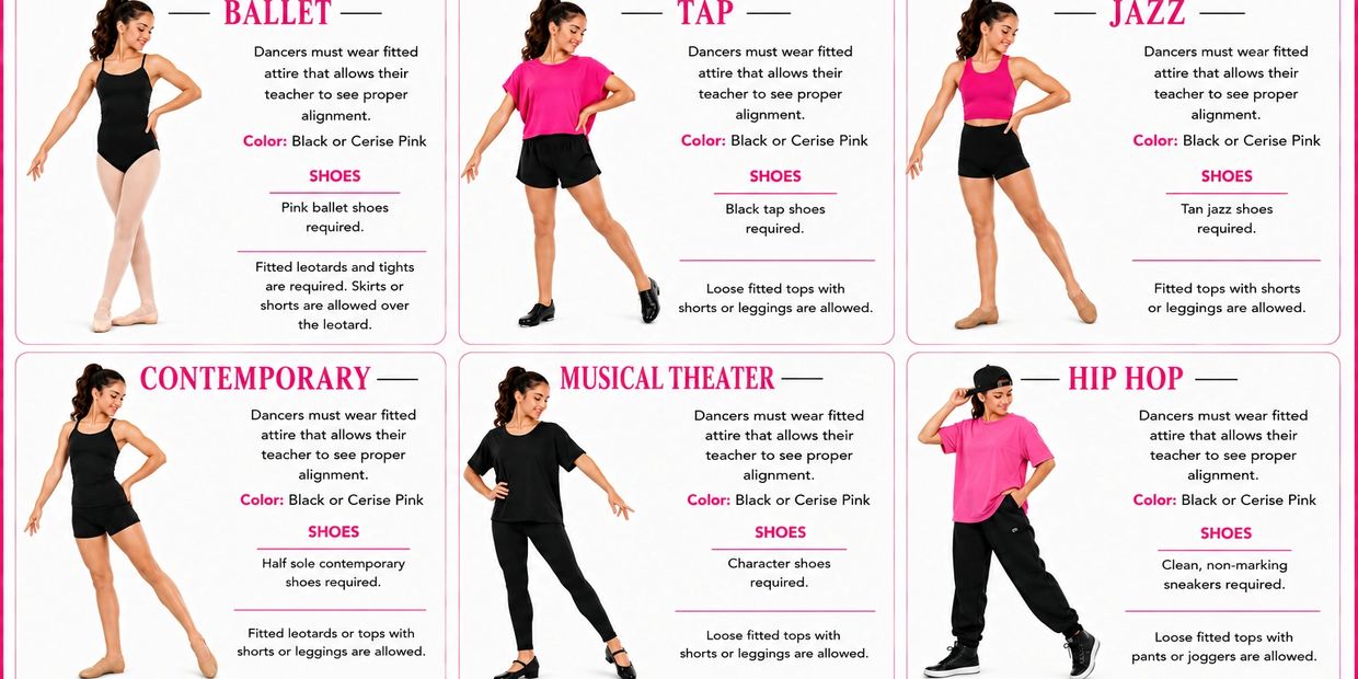 Dance attire guidelines for Ballet, Tap, Jazz, Contemporary, Musical Theater, and Hip Hop.