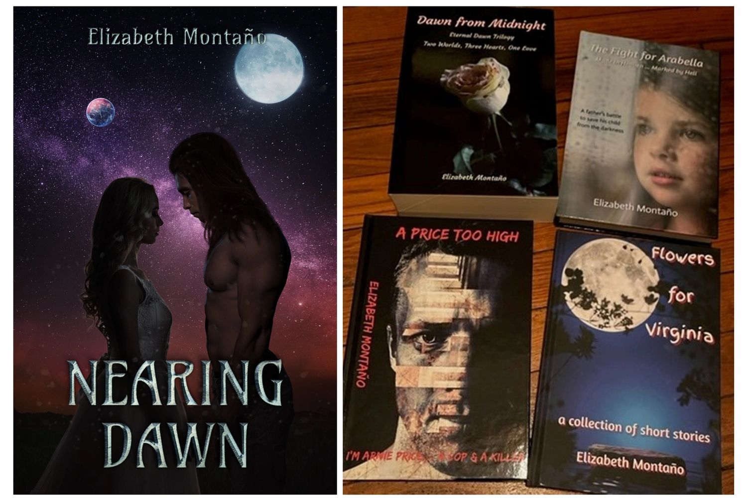 Book covers of Elizabeth Montaño's novels featuring romance, mystery, and short stories.