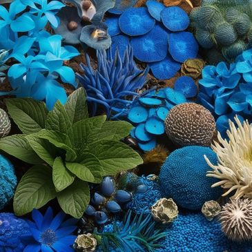 A vibrant assortment of blue and green flowers and plants.