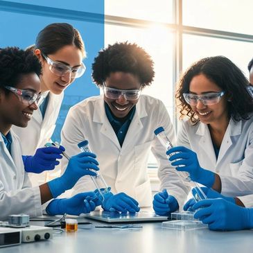 Diverse scientists collaborating in a bright lab, wearing protective gear and handling test tubes.