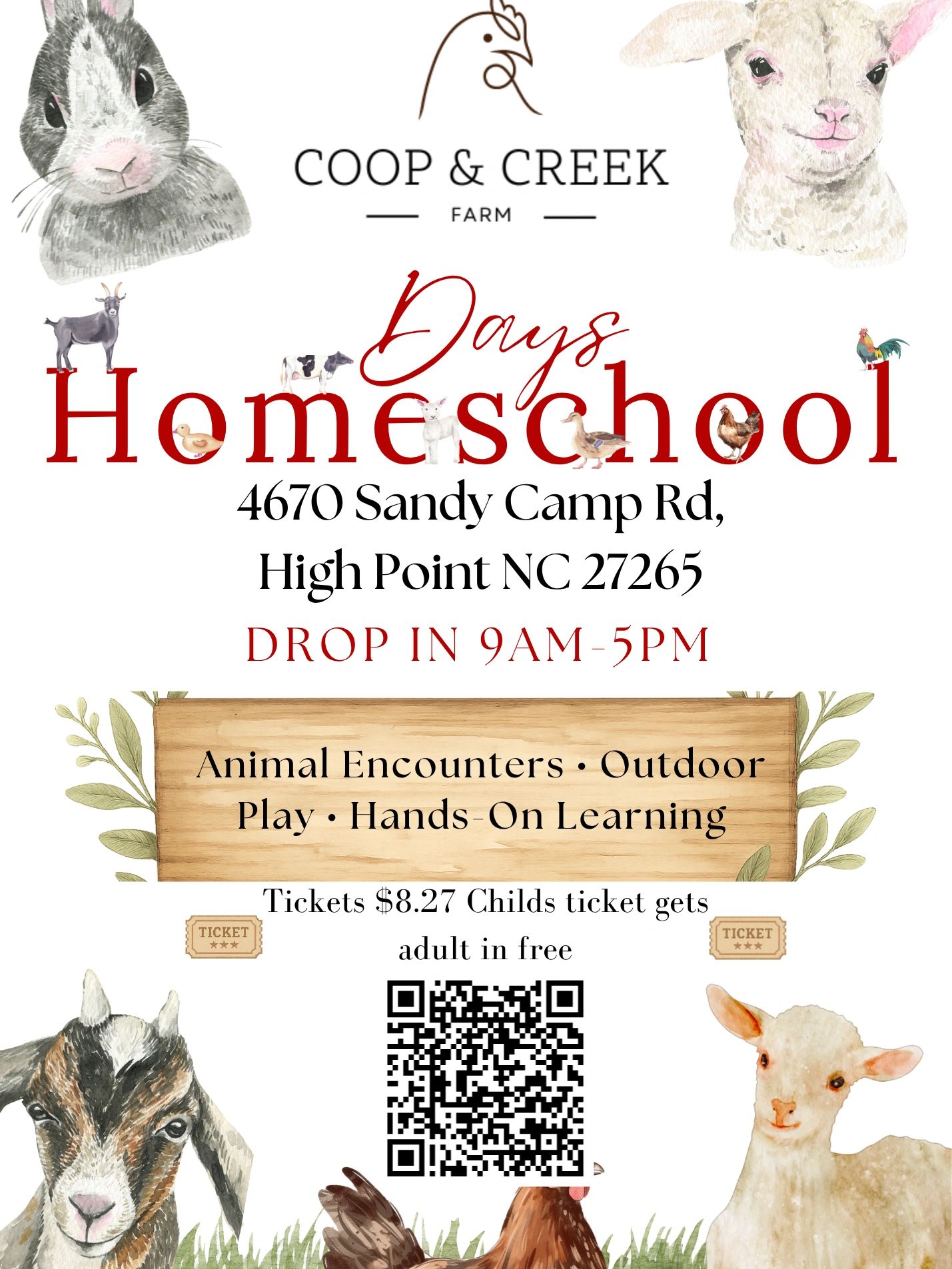 Coop &amp; Creek Farm Homeschool Days with animal encounters and outdoor play.