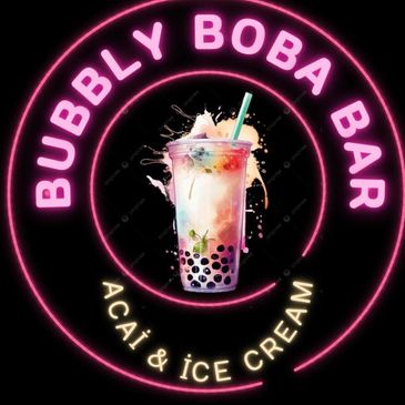 Neon sign for Bubbly Boba Bar with acai and ice cream.