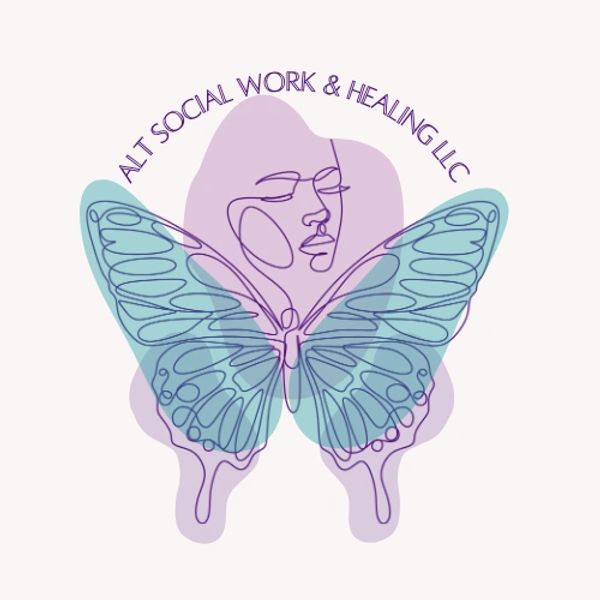 Logo of ALT Social Work &amp; Healing LLC with butterfly and face line art.