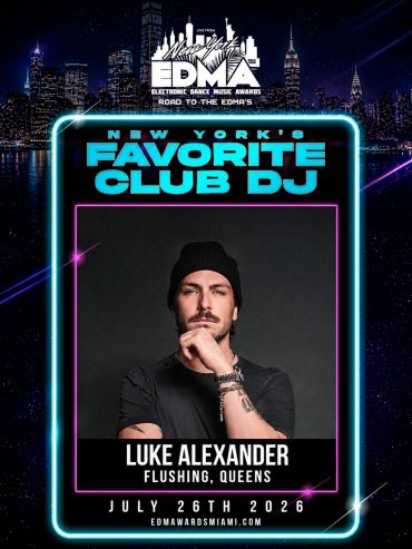 Advertisement for Luke Alexander as NY's favorite club DJ at EDM Awards 2026.