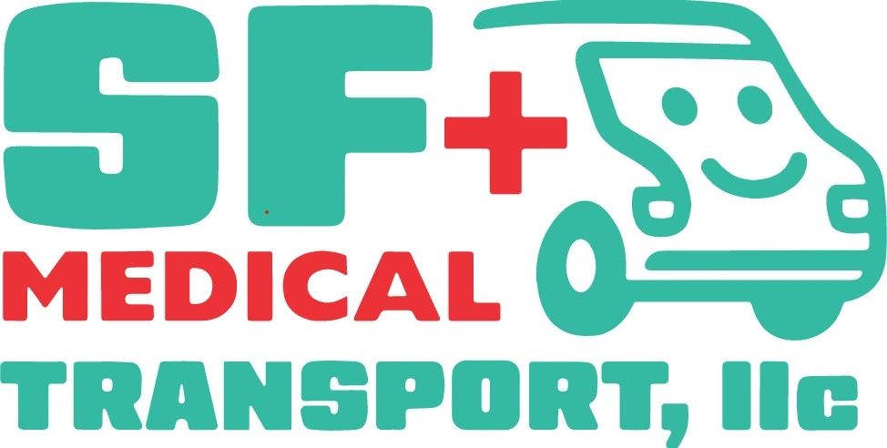 Logo for SF Medical Transport, LLC featuring a smiling ambulance.