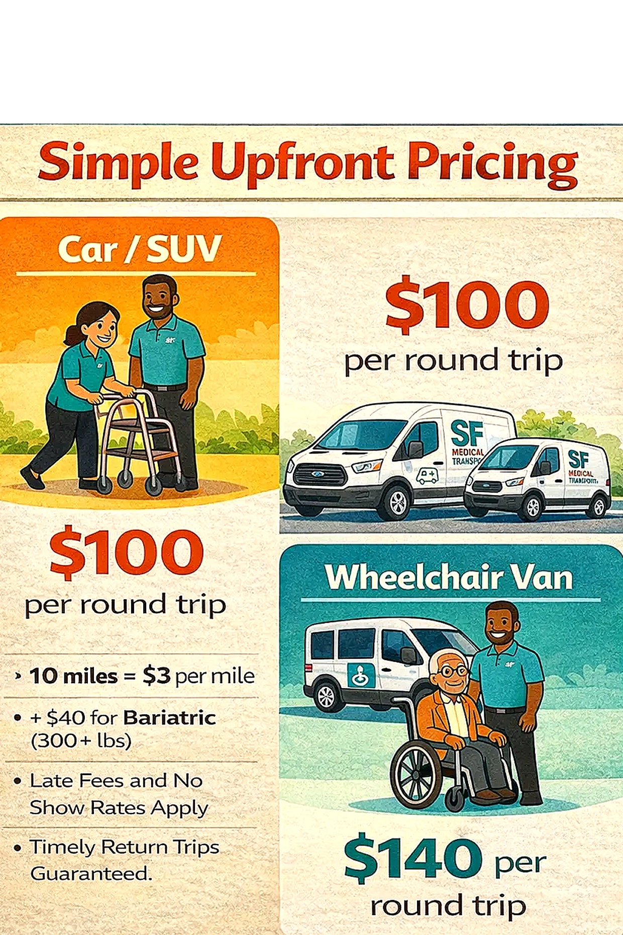 Medical transport pricing: $100 for car/SUV, $140 for wheelchair van per round trip.