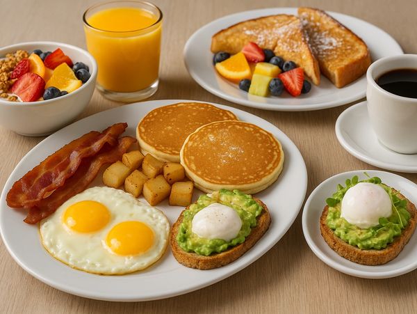 A hearty breakfast with eggs, bacon, pancakes, avocado toast, fruit, juice, and coffee.