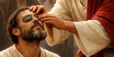 Jesus uses mud to cure the blind man