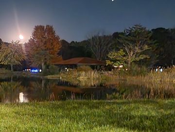 Night view of lake camping and field