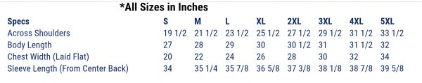 Size chart for clothing in inches.