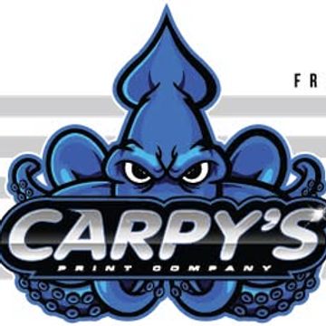 Logo of Carpy's Print Company featuring a fierce blue squid.