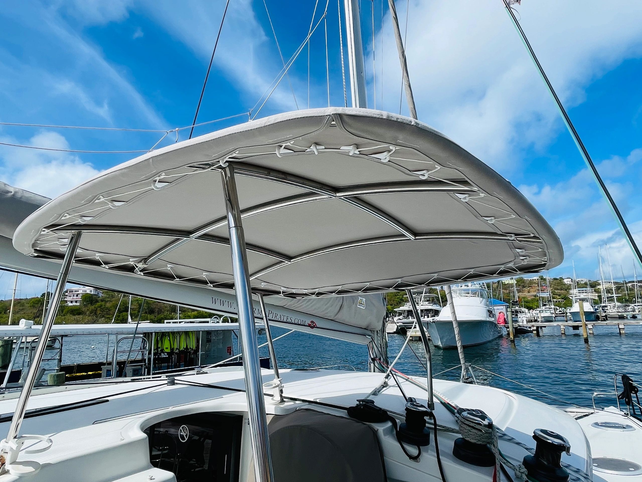 New Bimini top in Marine Grade Sunbrella, Cadet Grey.