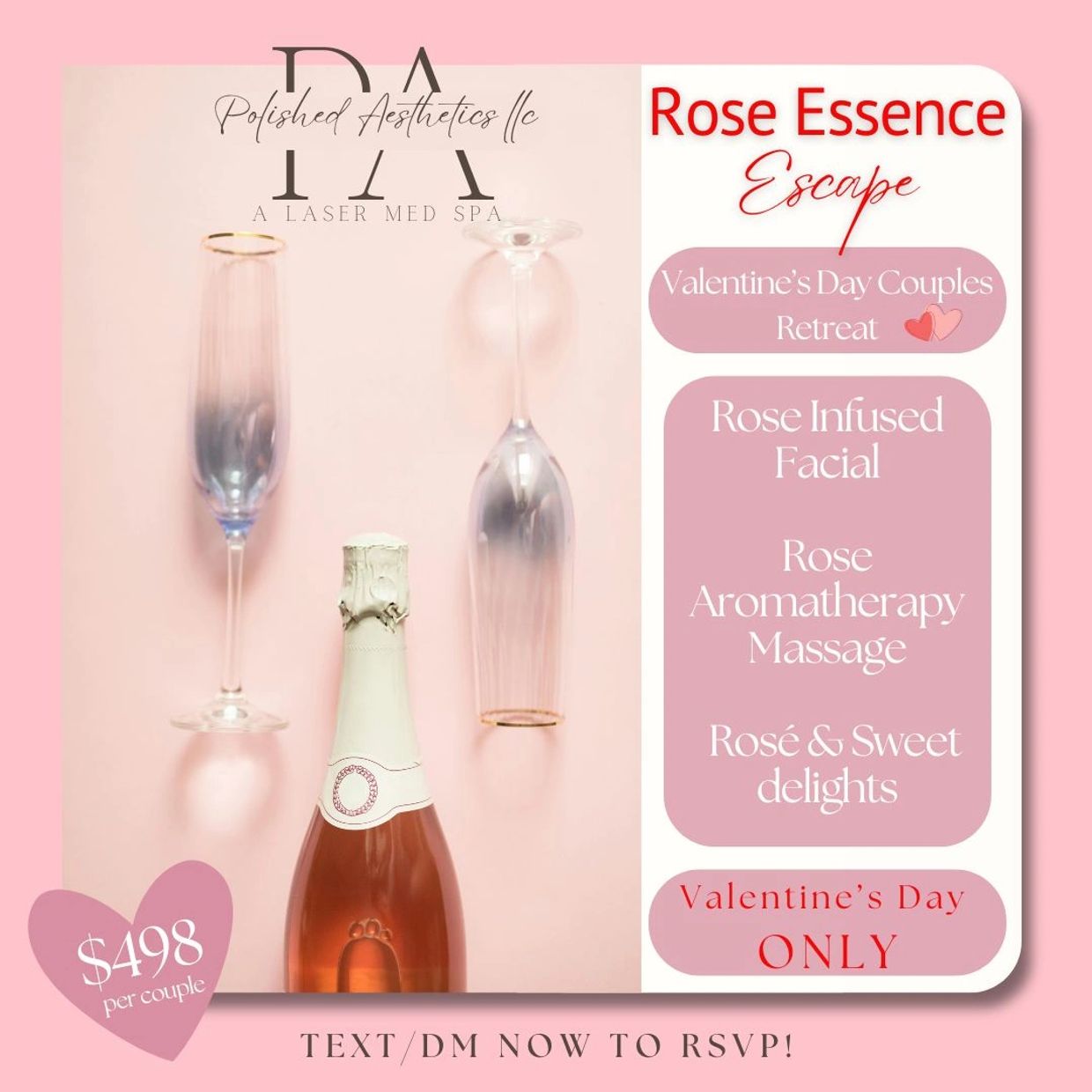 Valentine's Day Rose Essence Escape couples retreat with facials, massage, and rosé for $498 per couple.