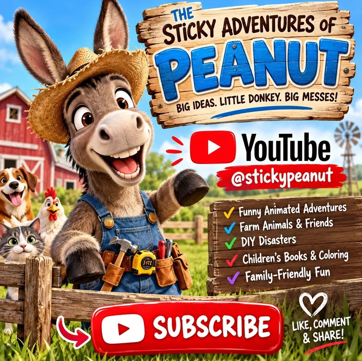 Animated donkey promoting YouTube channel Sticky Peanut with farm animals.