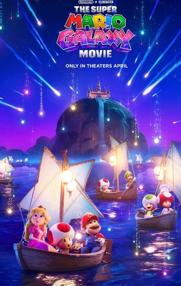 Super Mario Galaxy movie poster with characters in boats under a starry sky.