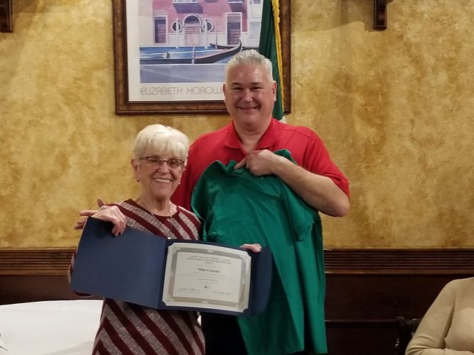 Meeting Speaker Grand Lodge President Michael Cerruti receiving Lodge shirt from Lodge Pres. Wesler