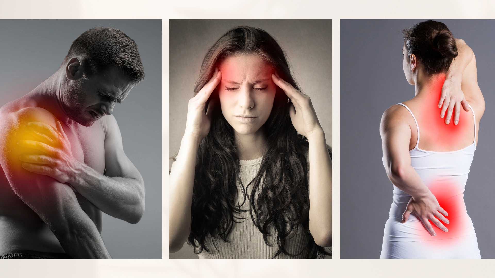 Collage of 3 people,  a man with shoulder pain, a woman with a migraine,  a woman with back pain