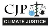 Logo of CJP Climate Justice with scales and water symbol.