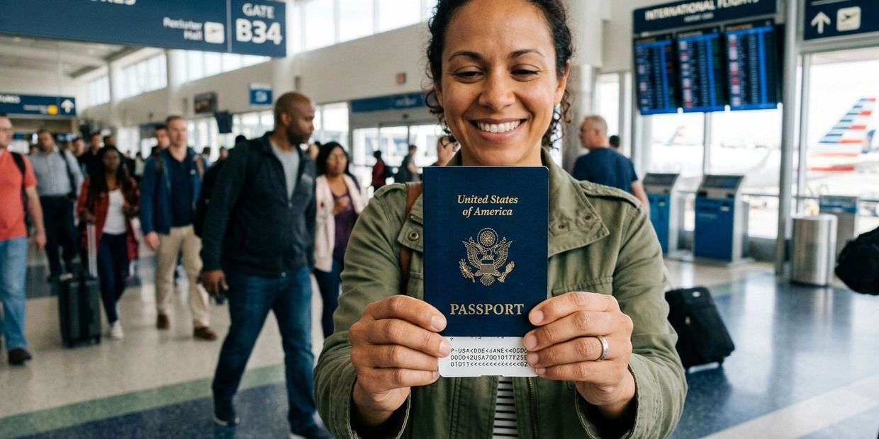 A woman smiling and holding a U.S. passport at an airport terminal.