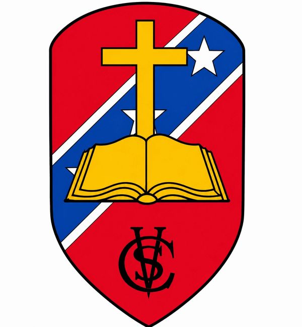 Shield with a cross, Bible, and blue diagonal band with stars.